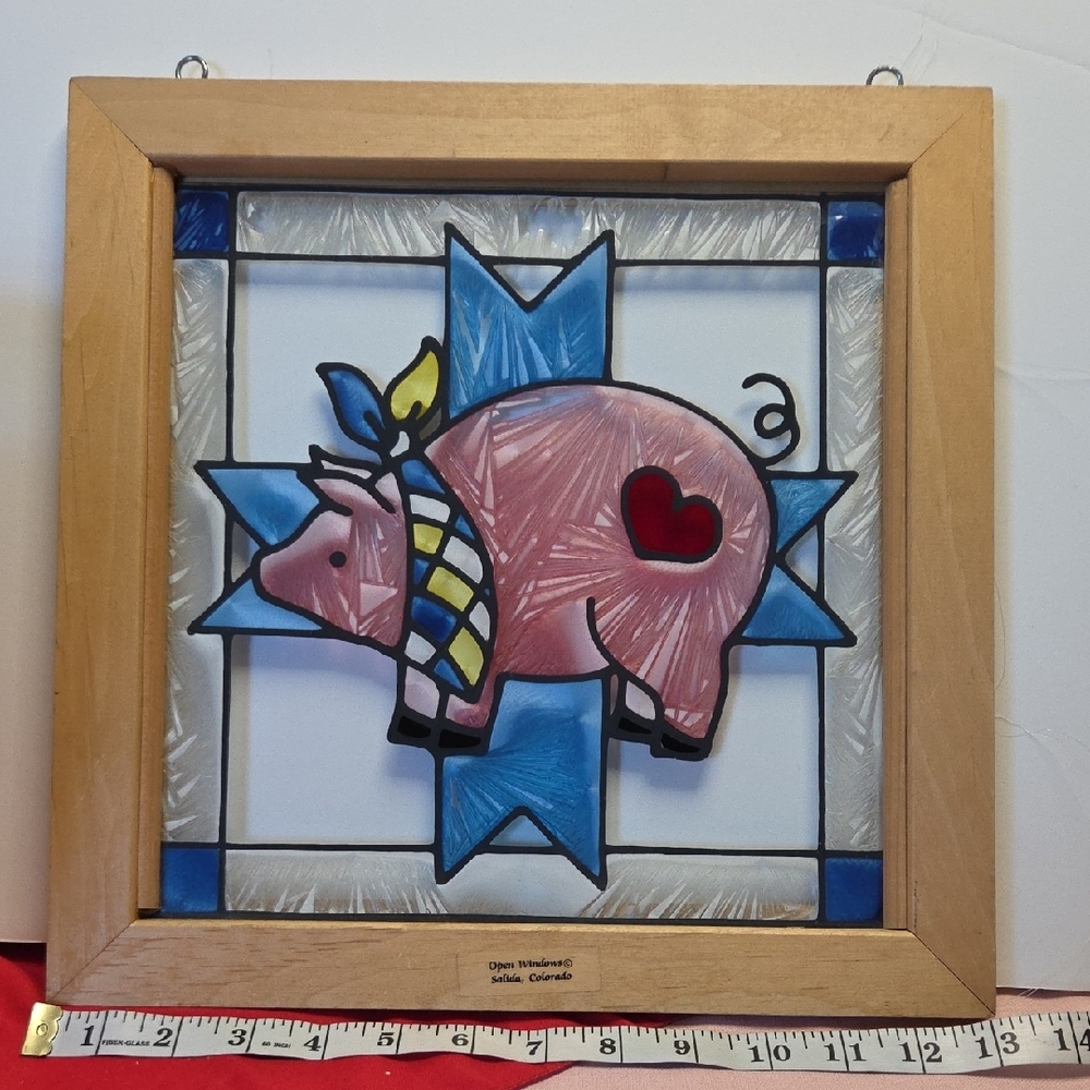 Open Windows Whimsical Pink and Blue Stained Glass Pig Art - Picture 3 of 4